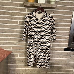 J. McLaughlin Dress Small Knee Length Black Brown Geometric 3/4 Sleeve Stretch